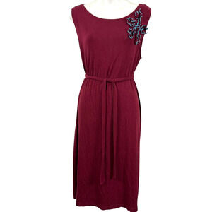 JW San Francisco Burgundy Teal Jersey Knit Belted Sleeveless Dress Ruffle sz XL